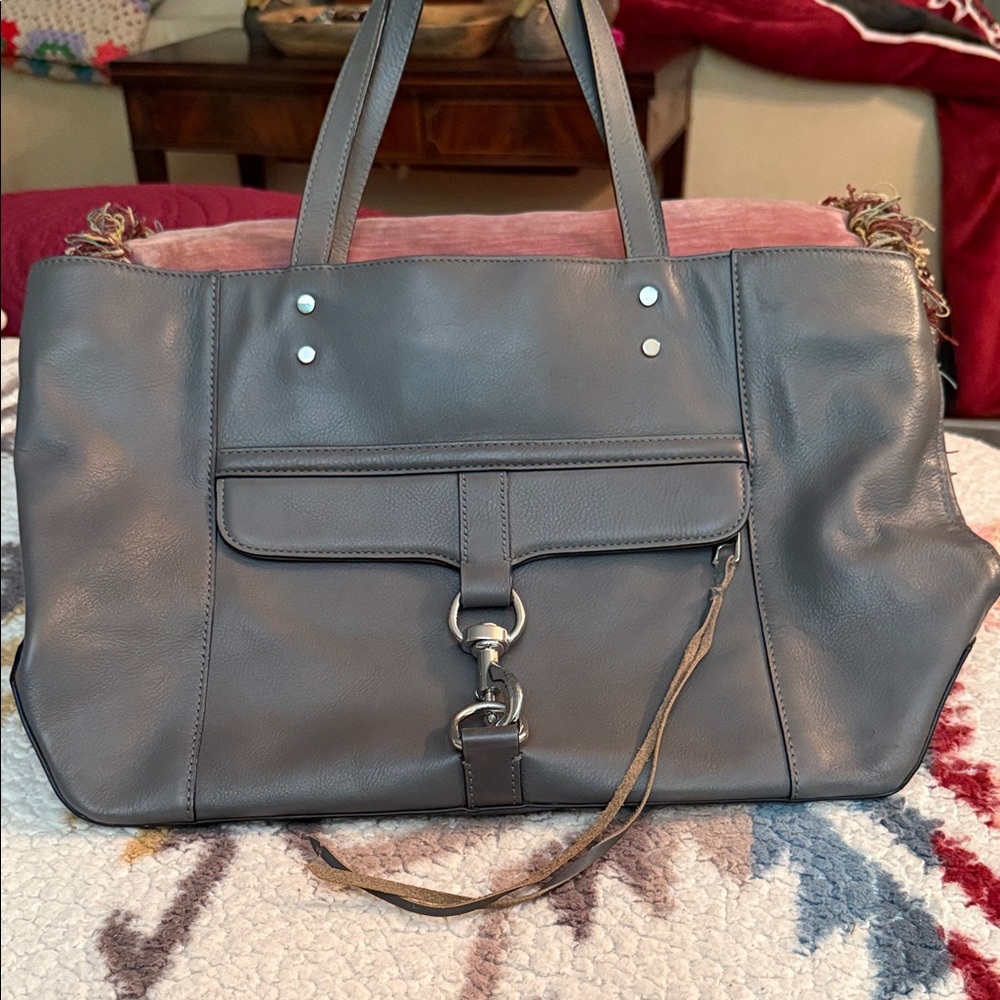 Rebecca Minkoff Gray Leather Tote Bag, Small Zipper Purse, Silver Hardware